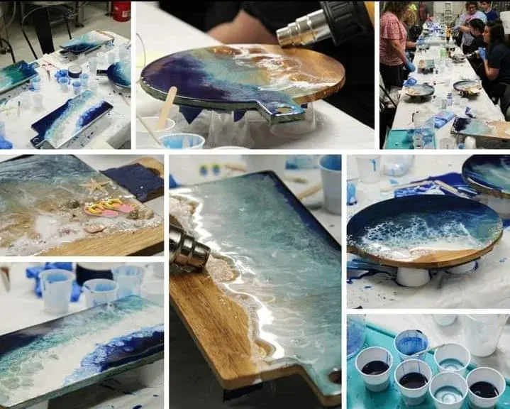 Mothers Day Resin workshops wave or seascape on a cheeseboard