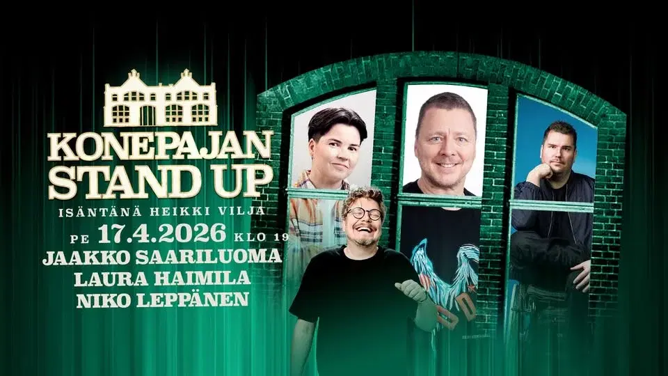 Pe 17.4. Konepajan stand up: Jaakko Saariluoma, Laura Haimila, Niko Leppänen, isäntänä Heikki Vilja