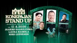 Pe 17.4. Konepajan stand up: Jaakko Saariluoma, Laura Haimila, Niko Leppänen, isäntänä Heikki Vilja