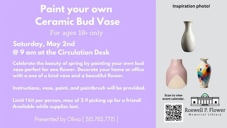Ages 18+ Paint your own Ceramic Bud Vase