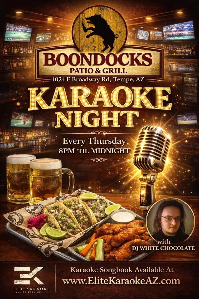 Thursday Night Karaoke at Boondocks Patio & Grill in Tempe, AZ 8p-Midnight w/DJ White Chocolate