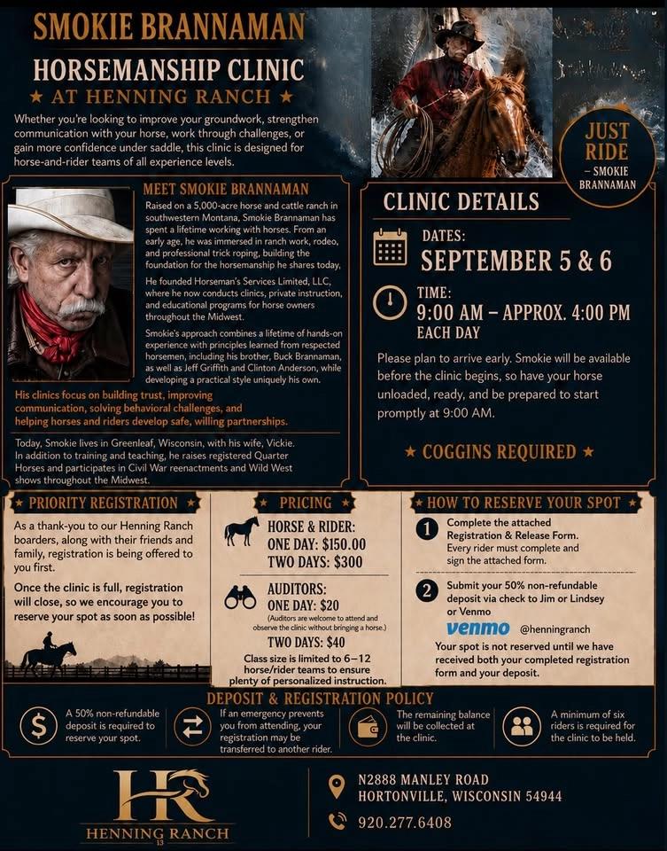 Sept. 5th: Smokie Brannaman Horsemanship Clinic