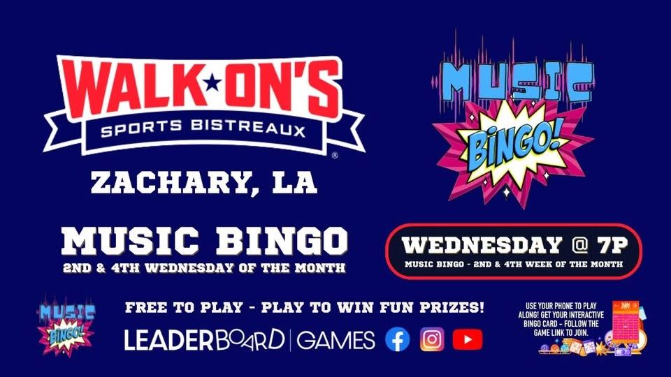Music BINGO | Walk-On's - Zachary LA - 2nd and 4th WEDNESDAY of Month @ 7p