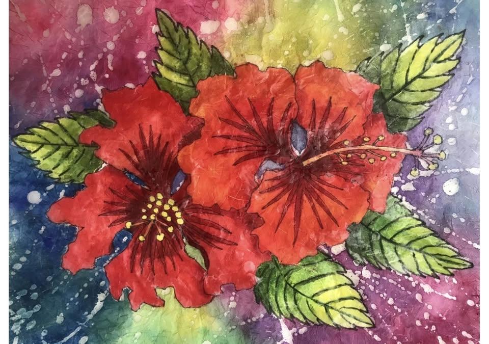 Watercolor Batik Red Hibiscus