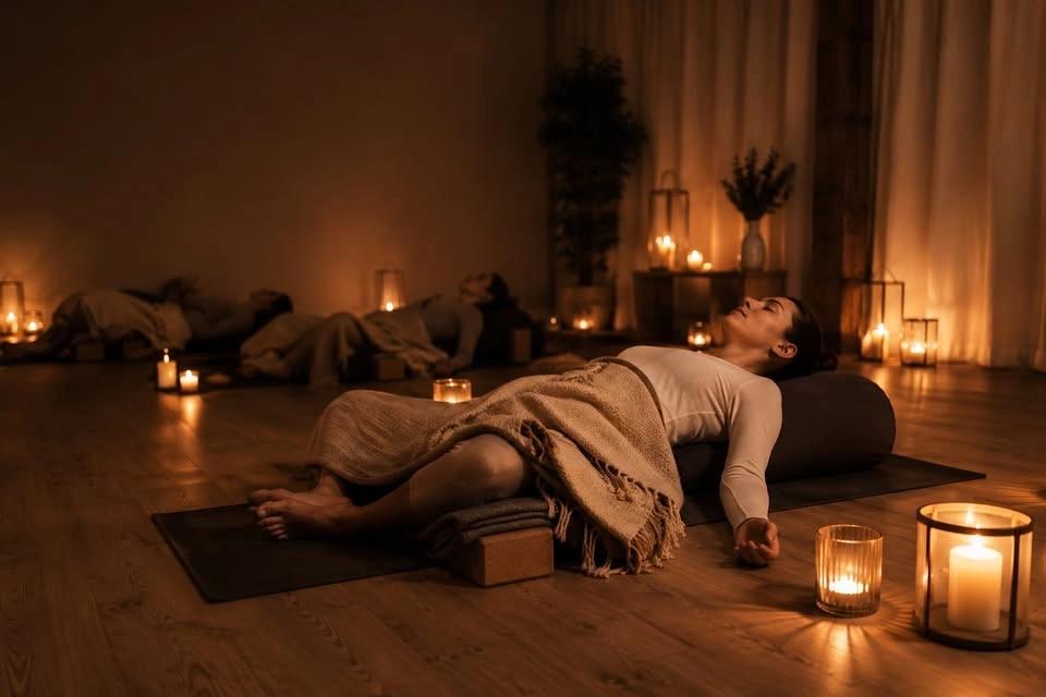 Restorative Yoga i tystnad med levande ljus med Isabel Juréhn,