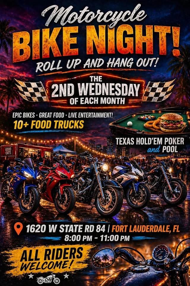 🔥🏍️ BIKE NIGHT FOOD TRUCK INVASION in Fort Lauderdale... POOL, POKER, MUSIC AND MORE! 🔥🏍️